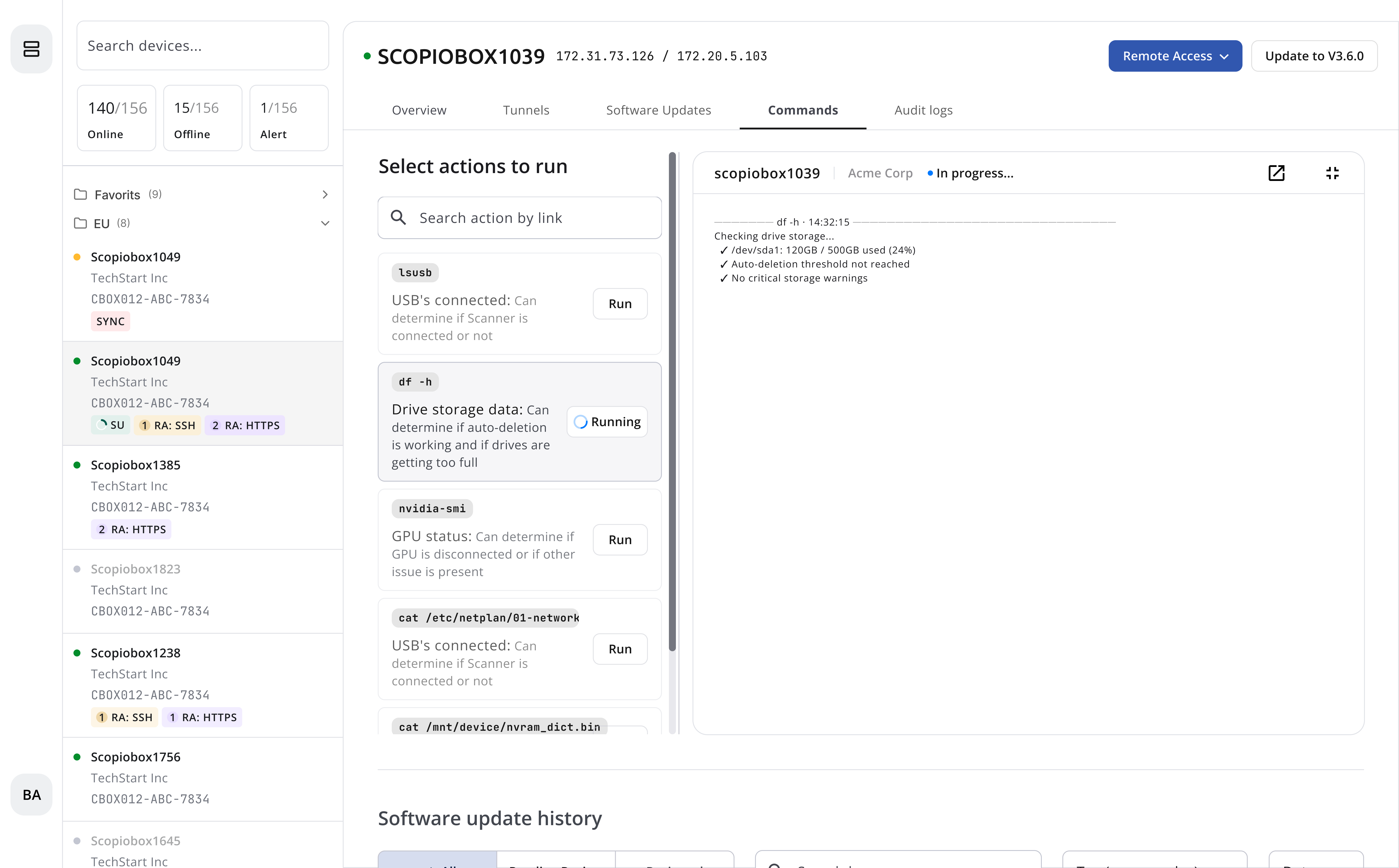 Commands tab showing pre-built actions with locked scripts and live execution log